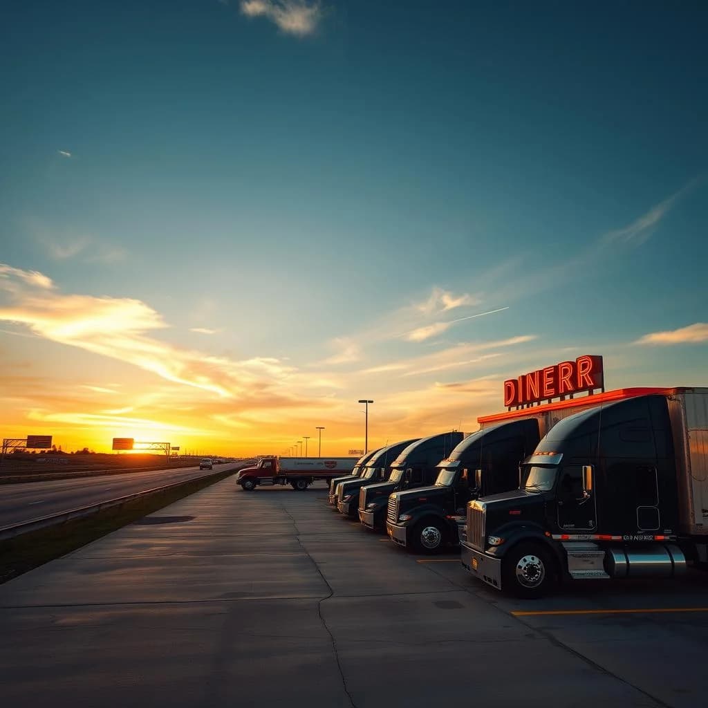Woke up at the truck stop outside Amarillo. Coffee from the thermos. Sun coming up. Dispatch says 600 miles today. Let us roll.