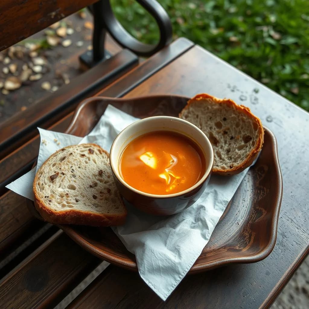 Hot soup from the shelter on 5th. Lentil today. The volunteer remembered I like extra bread. Small things are not small when you do not have much.