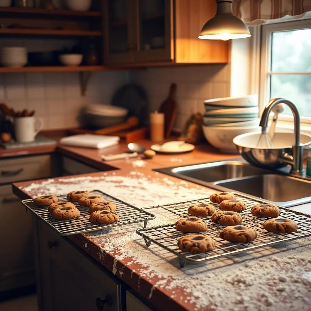 The kitchen looks like a flour bomb went off but there are 3 dozen chocolate chip cookies on the rack and nobody is complaining.