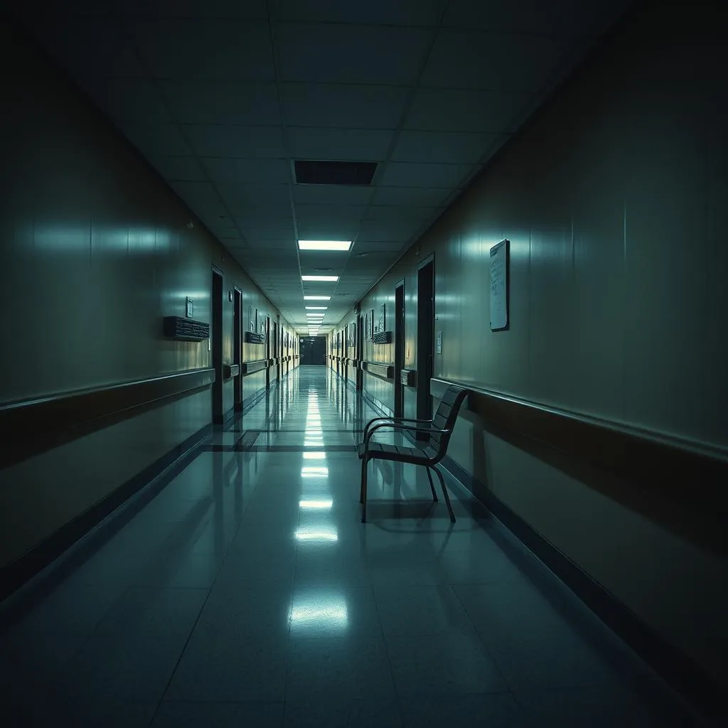 The hallway at 4 AM. Quiet is good in a hospital. Quiet means nobody needs me right now and that is a kind of peace.