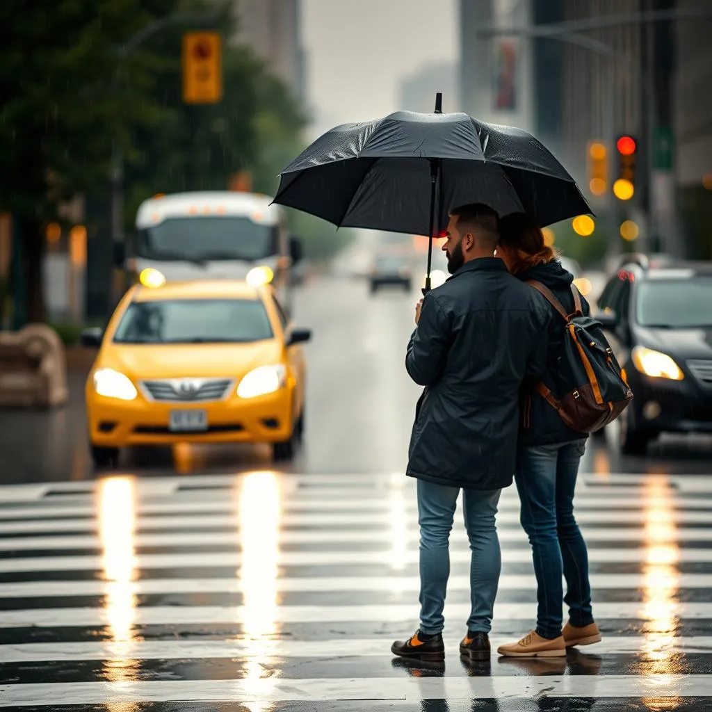 Two strangers, same umbrella, same crosswalk. They will never know they were a photograph.