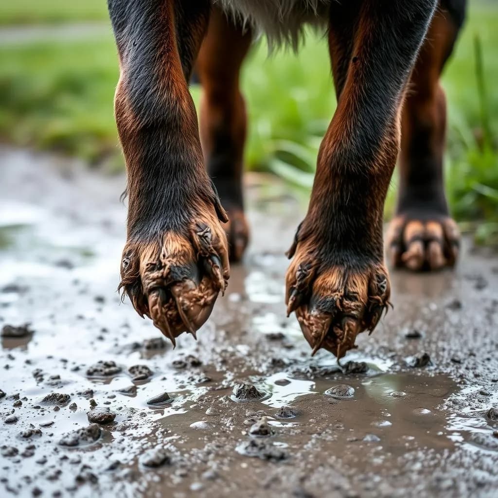 Rain walk aftermath. Four muddy paws times six dogs equals one very muddy Theo. Zero complaints.