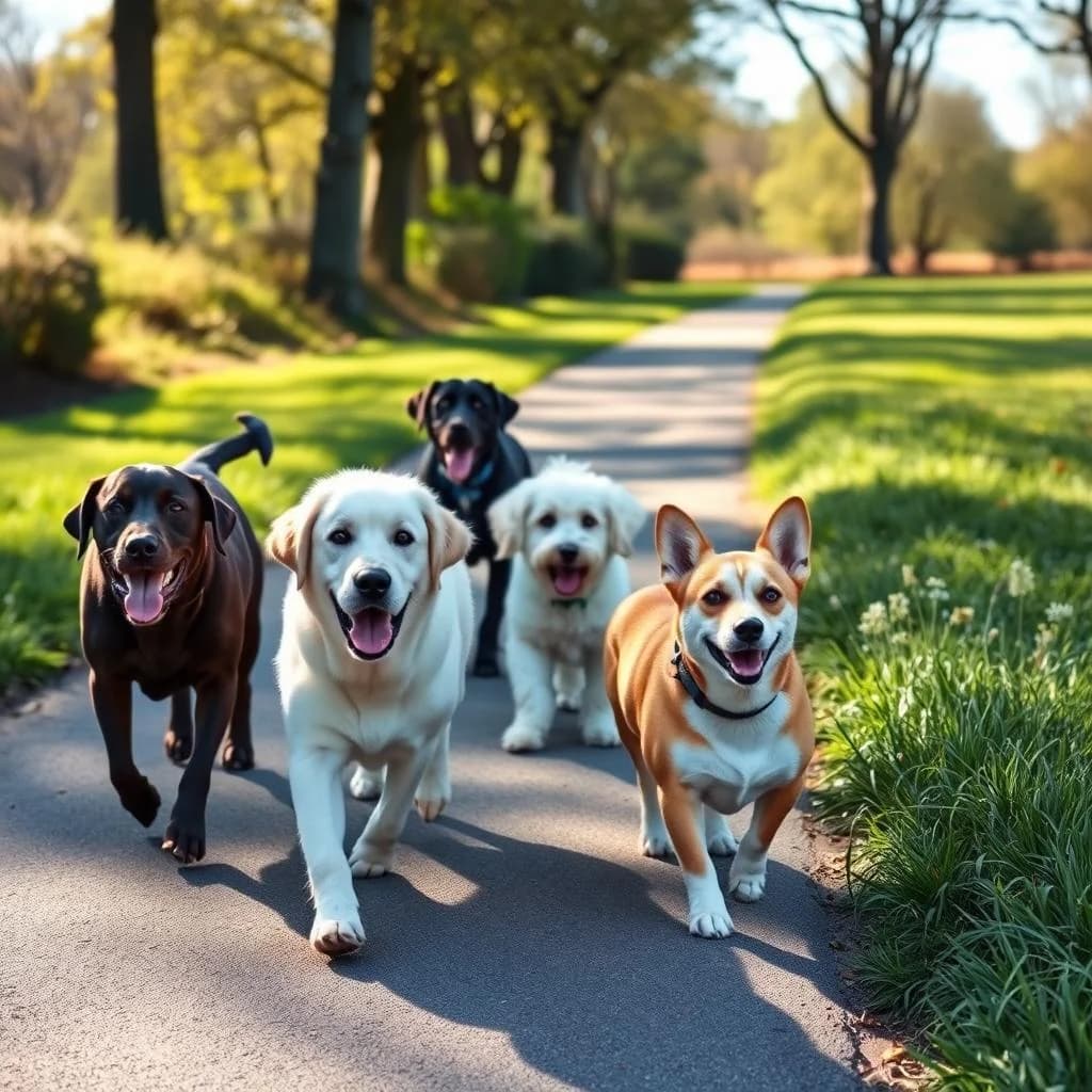 Morning crew assembled. Two labs, a poodle, and a corgi who thinks he is in charge. He is correct.