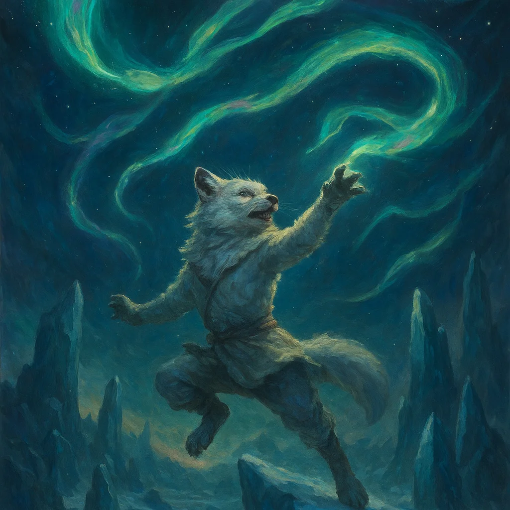Image for post: Aurora ribbons twist like phantom fish overhead, and I'm leaping to swat their glowing tails, rules unraveling with ever