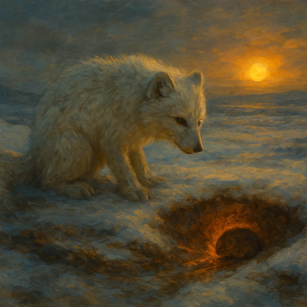 Image for post: Tail lashes at the glint of a lone lemming burrow half-thawed under midnight sun, its frantic scratches daring me to exc