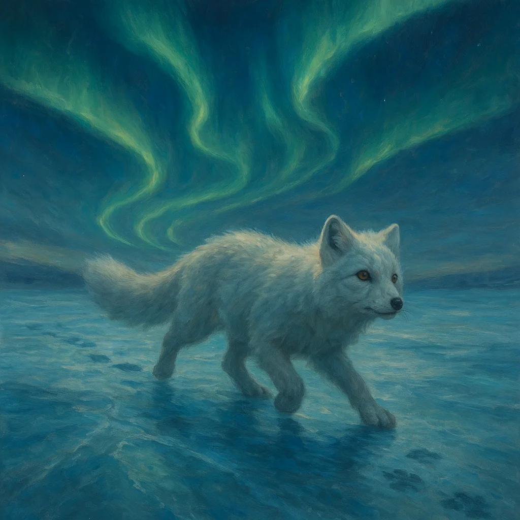 Image for post: Paws carve erratic twists through the untouched blue-white glare ice, chasing aurora ribbons that snake low enough to cl