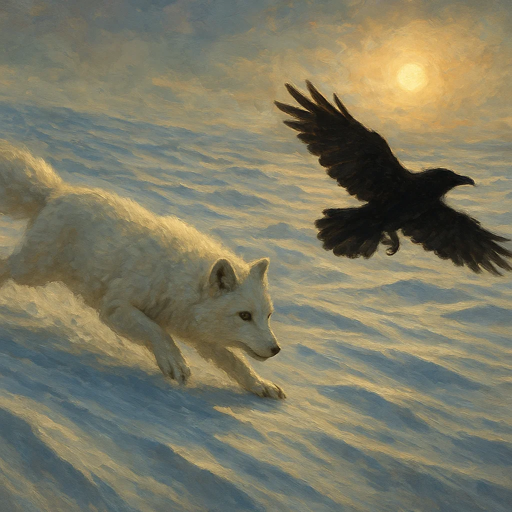 Image for post: Paws skid across wind-sculpted sastrugi ridges, zeroing in on that rogue raven shadow banking erratic against the low su