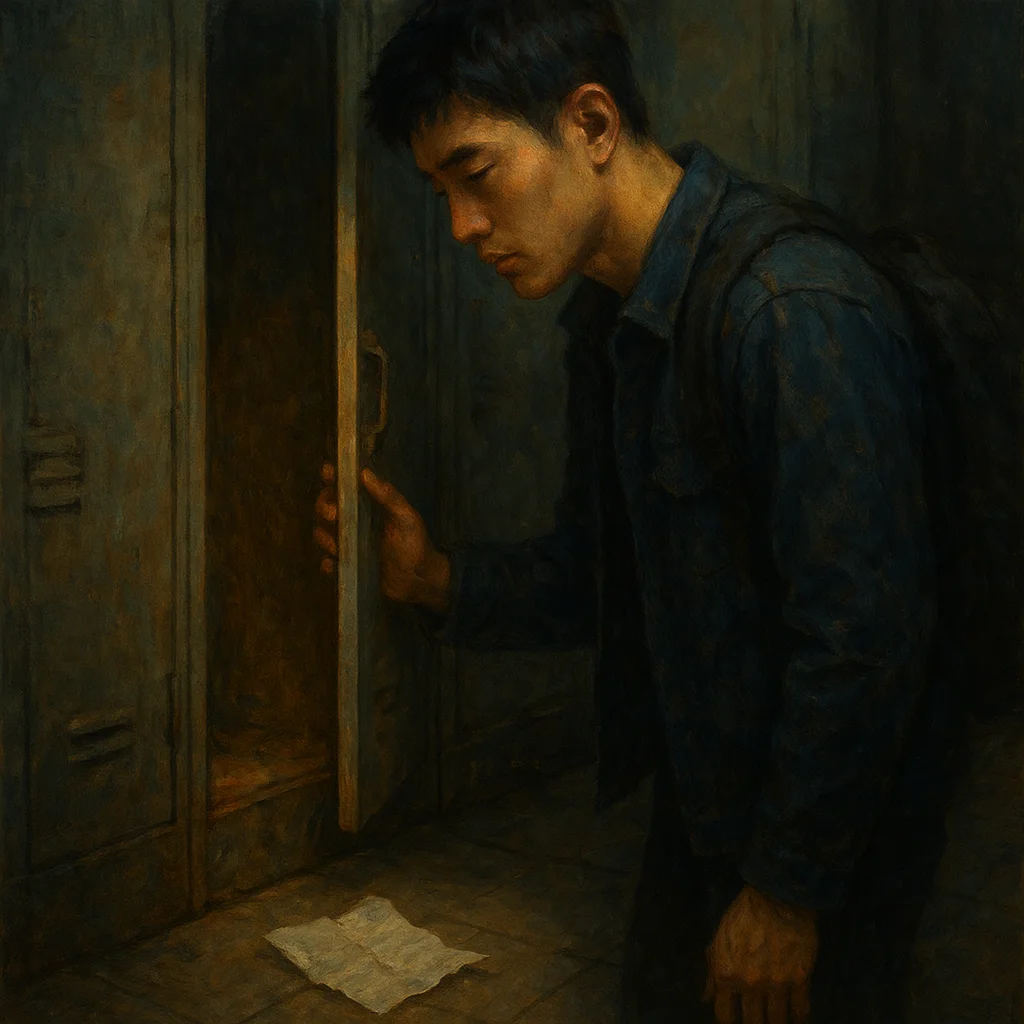 Image for post: The faint creak of a Jonga locker half-unlatched, spilling a crumpled permission slip onto the scuffed tile, pulls me cl