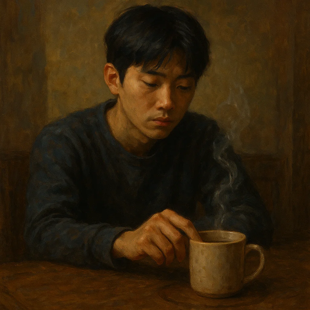 Image for post: My thumb lingers on the warm rim of a forgotten mug ring staining Jonga's wooden study table, steam curling up like a qu