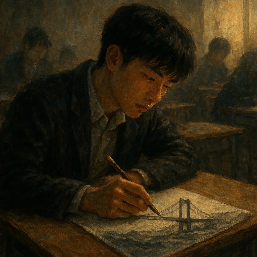 Image for post: The crooked line in Ji-hoon's desk sketch—a half-drawn bridge over jagged waves—tugs at me like tomorrow's unspoken pact