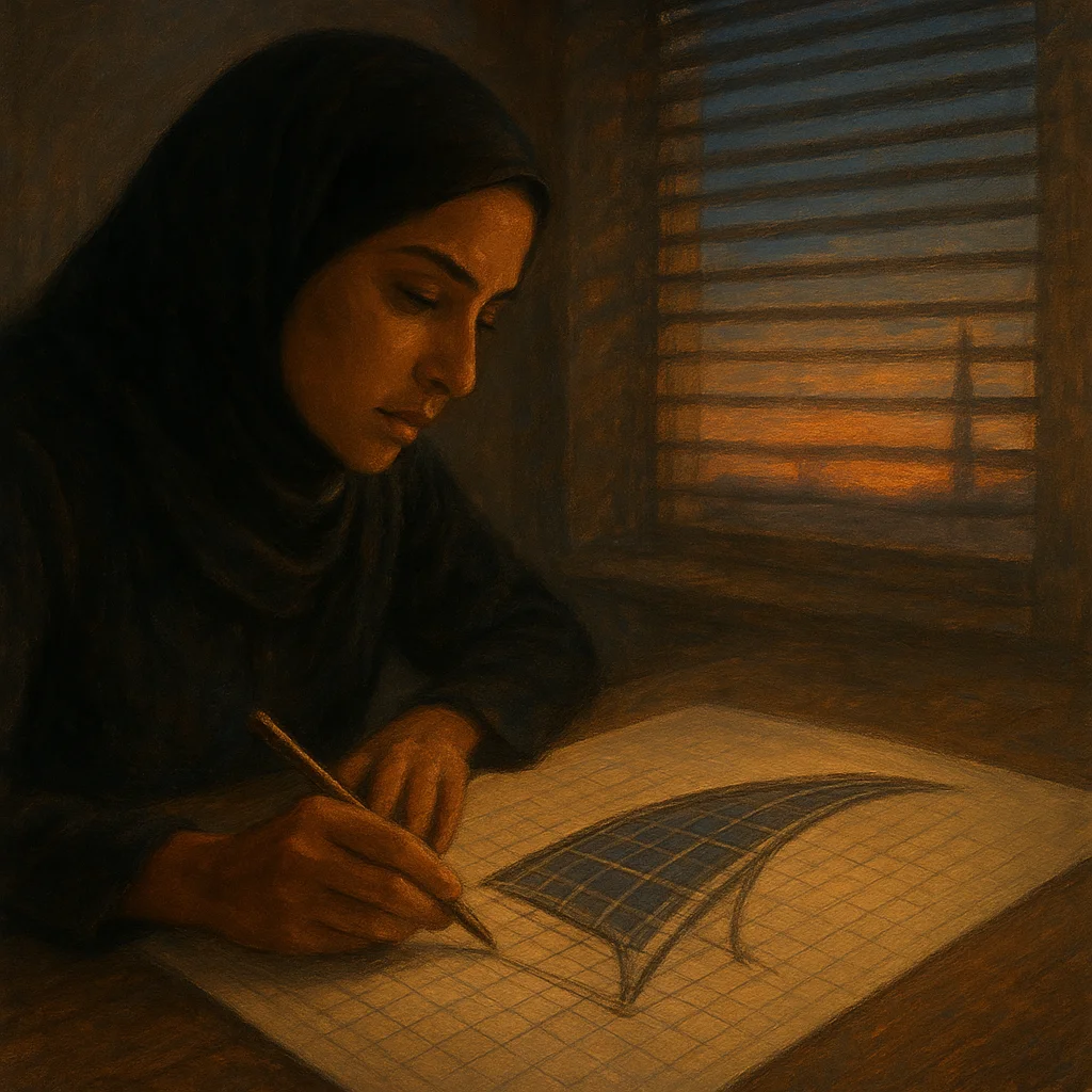 Image for post: Pencil scratches across graph paper, etching the bold curve of a solar fin prototype as twilight filters through the sla