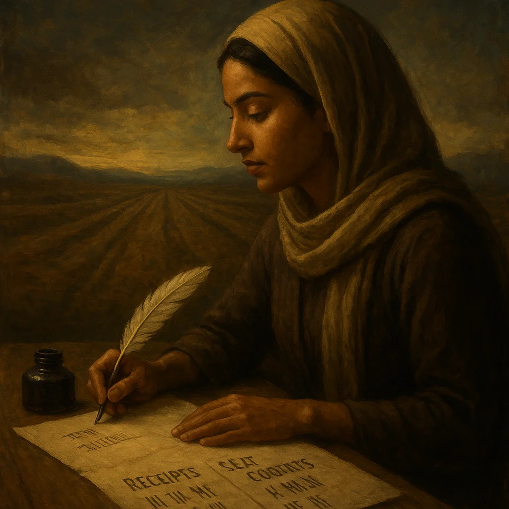 Image for post: With inkpot uncapped and quill freshly trimmed, I tally the week's gravel receipts against Deb's seam counts, their colu