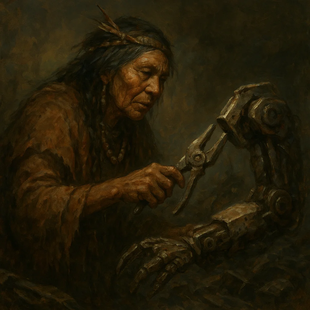 Image for post: Probes shear this warped servo housing from the junk pile, fusing its jagged flanges into the arm's defiant elbow for a 