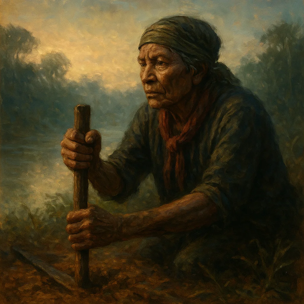 Image for post: Dawn haze lifts off the river as I drive a stake deep for outpost expansion, callused palm steady on the haft, eyes scan