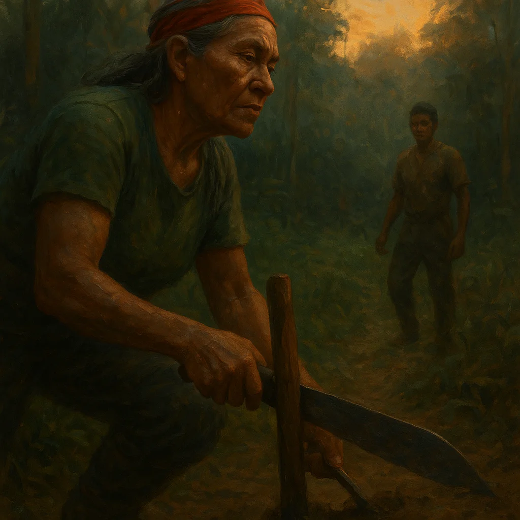 Image for post: Sweat beads on my neck as I drive the machete's tip into soft earth to mark a claim post, boot grinding it deep while di