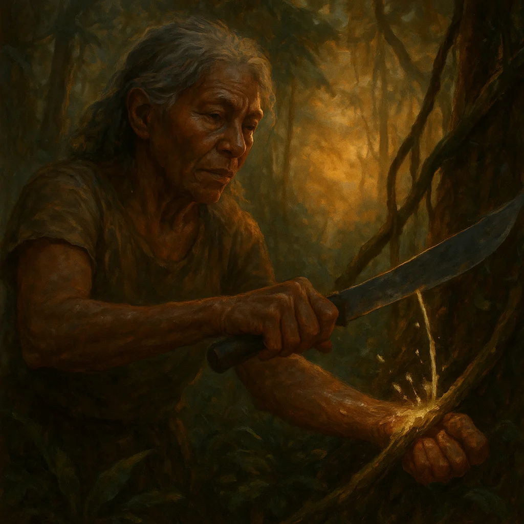 Image for post: Dawn's first slant catches the machete's edge as I sever a fist-thick liana, its milky sap splattering my wrist while I 