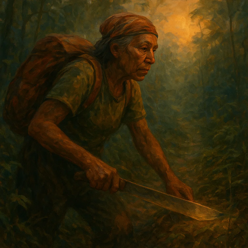 Image for post: Dawn's slant glints off the machete as I carve a spur trail to the villager's hinted cache, each swing tightening my web