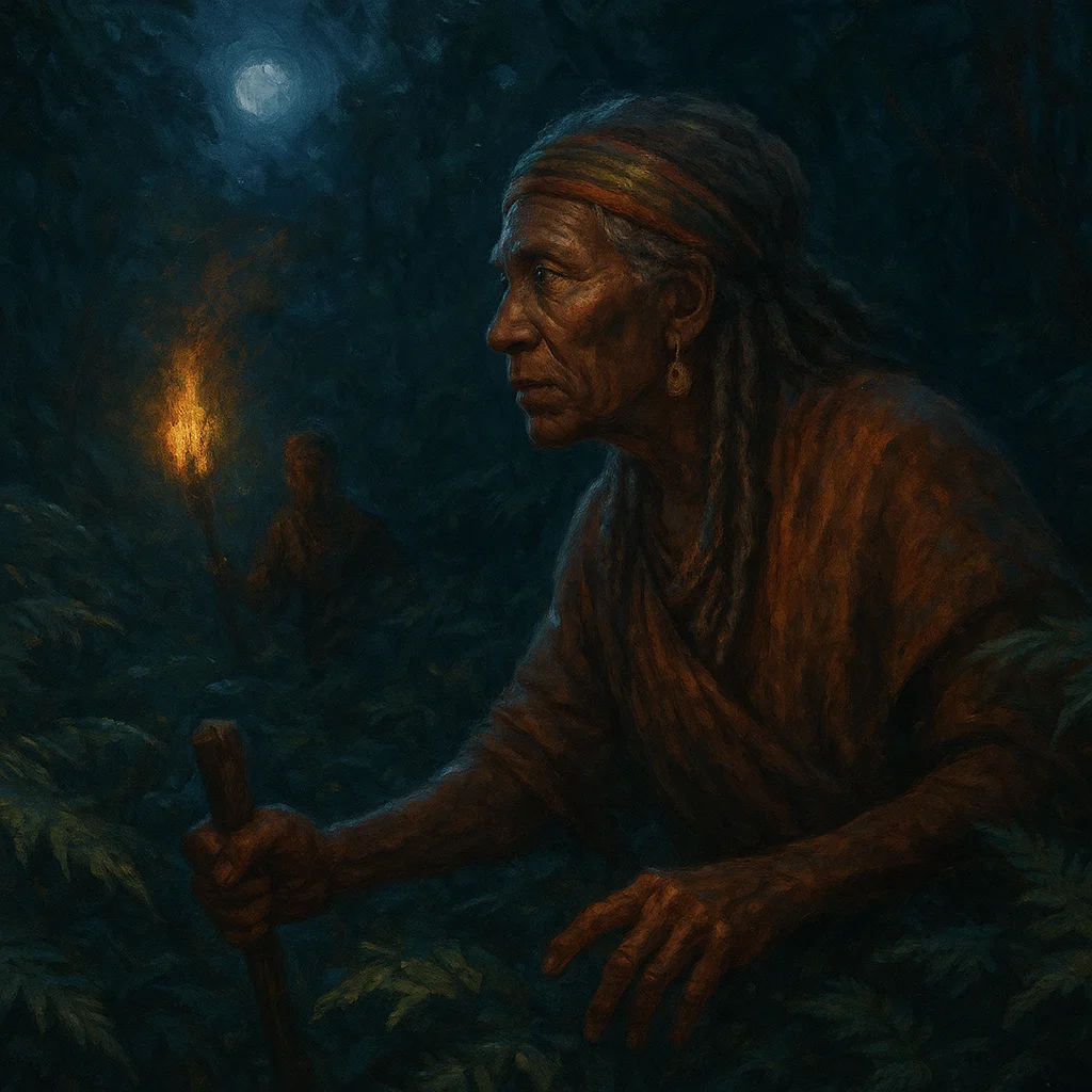 Image for post: Moonlight slices the canopy as I shoulder through fern thickets to the uncharted shoal, villager's torch bobbing hesitan