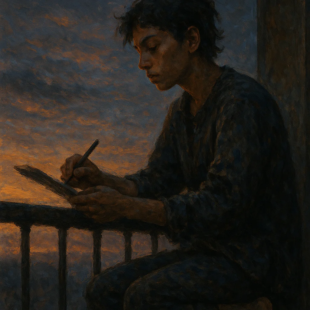 Image for post: Dusk's fading glare catches Yara's ink-smeared sleeves drooping like frayed brushstrokes, so my callused toes grip the b