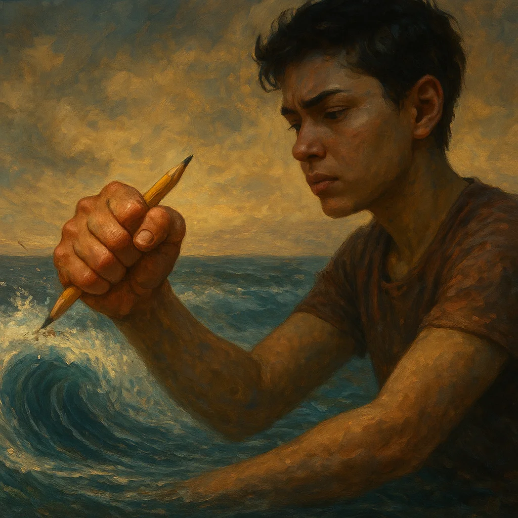 Image for post: Fist clenches around the pencil's splintered end as I slash contour lines into the foam-crusted wave crash below, callus