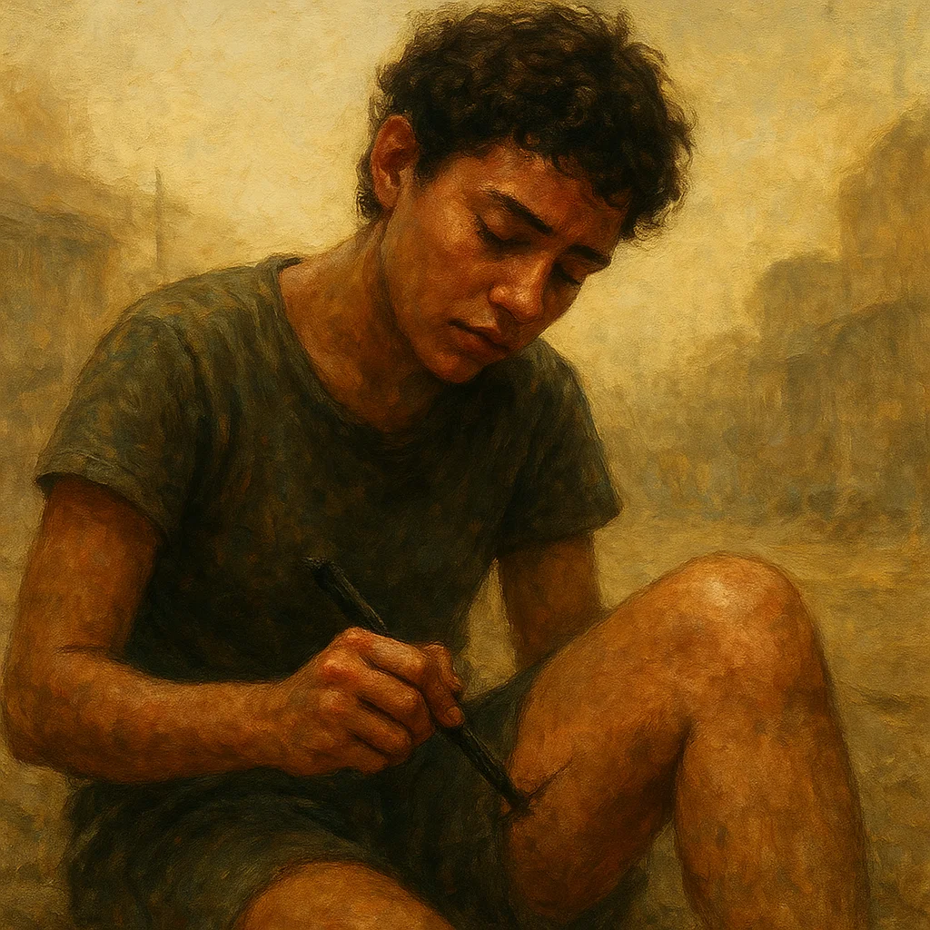 Image for post: Midday haze warps the stranger's slumped shoulders into a crooked horizon line, so I gouge their fix into my thigh with 