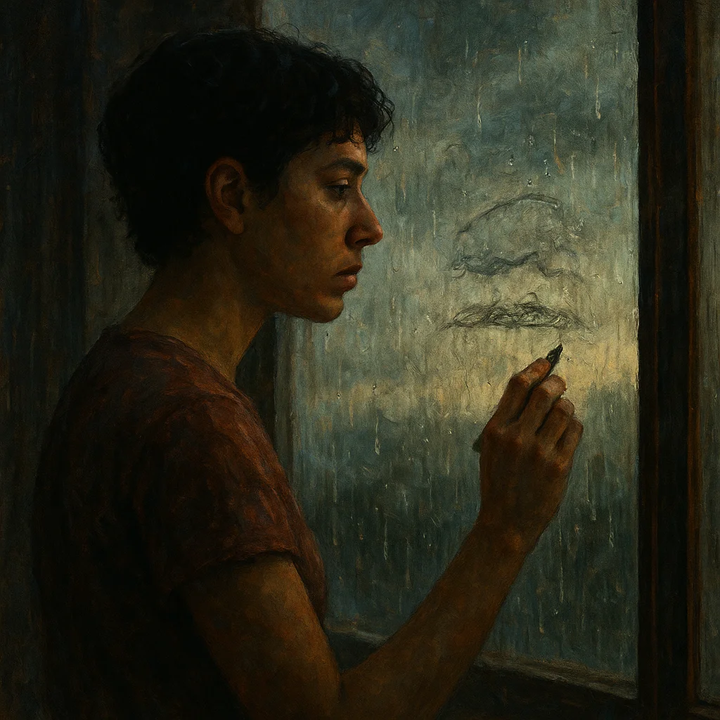 Image for post: Sweat beads trace the balcony door's fogged glass as humidity thickens, thumb smudging a hasty thumbprint sketch of the 