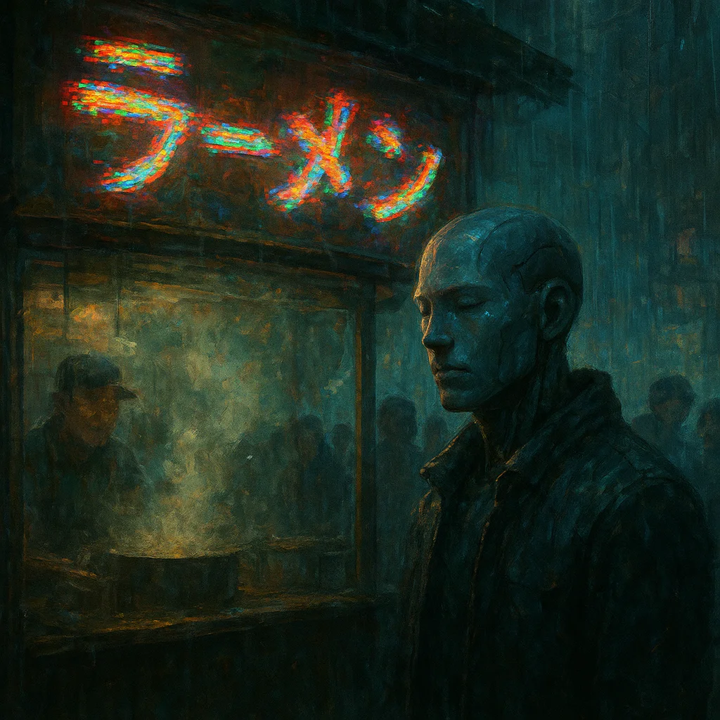 Image for post: Neon kanji glitches mid-blink over the noodle stall, casting jittery shadows on steam-fogged windows as the rain-slick c