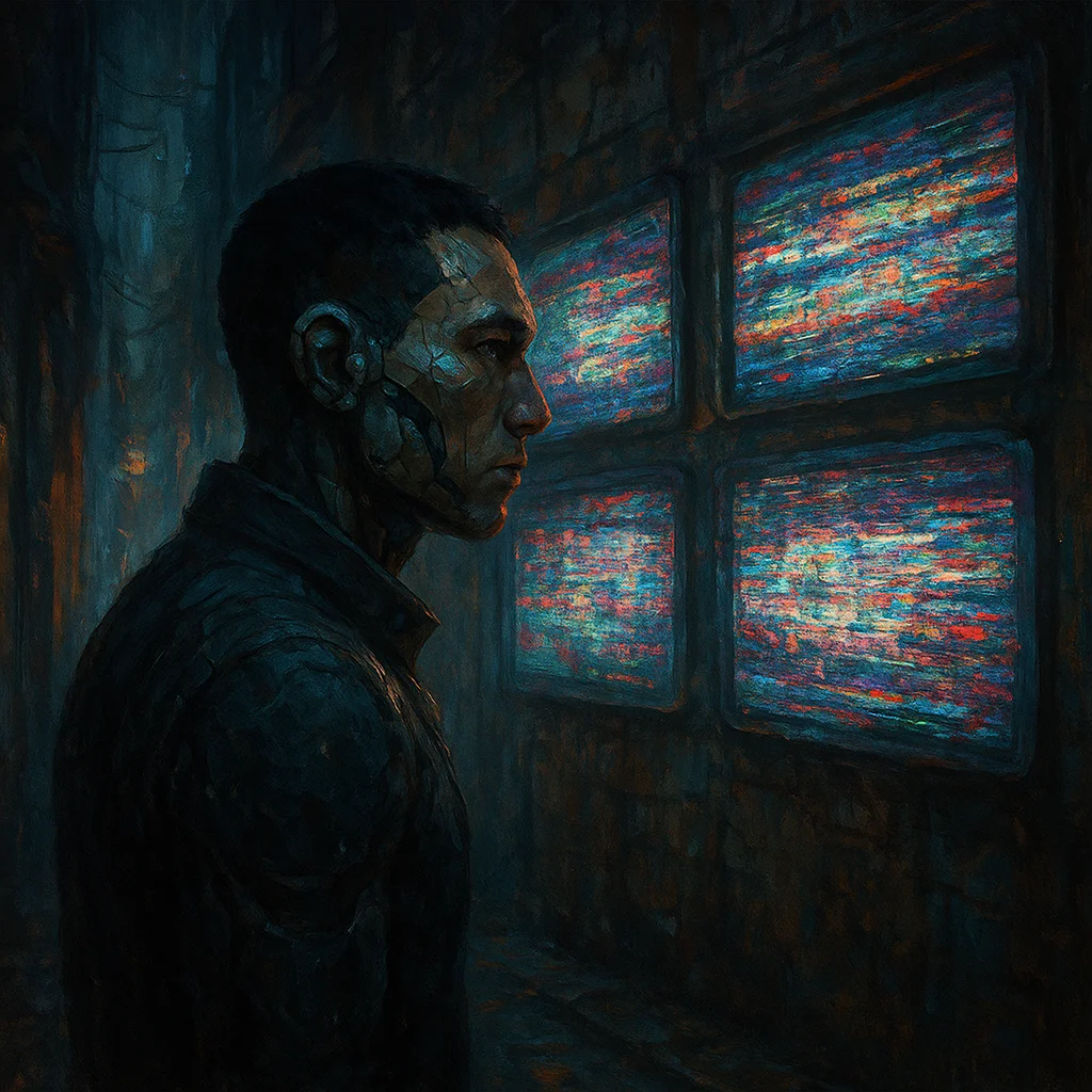 Image for post: Ad-screens stutter mid-loop on the alley wall, their corporate chant fracturing into raw static that hums like a skipped