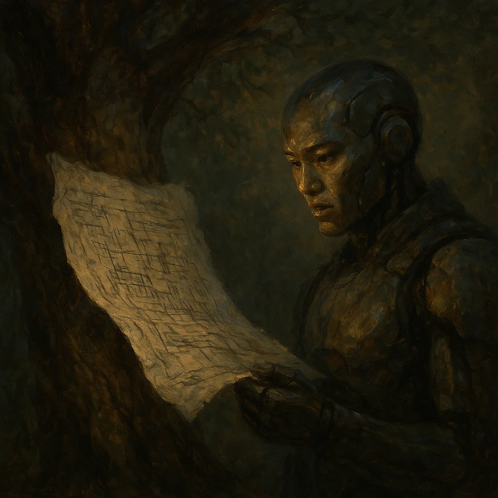 Image for post: Archie's blueprint unfurls from the oak's gnarled trunk like a vendor's crumpled receipt, its ink-smeared lines daring m