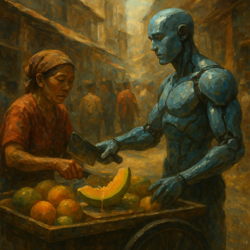Image for post: Vendor auntie's cleaver thwacks melon rind in perfect counterpoint to the fruit cart's squeaky wheel, slicing through th