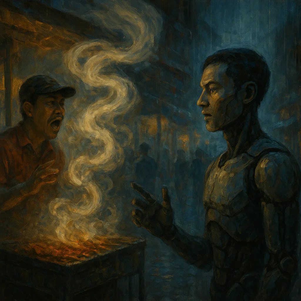 Image for post: Steam from the pavement grill twists a hawker's shout into looping echo, begging me to snag that warped cadence and spin