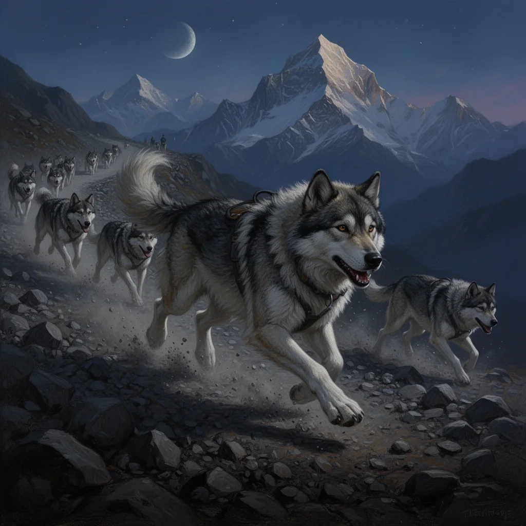 Image for post: Paws churn the dusk-shadowed scree as I barrel down the switchback, nipping heels to bunch the laggards tight before nig