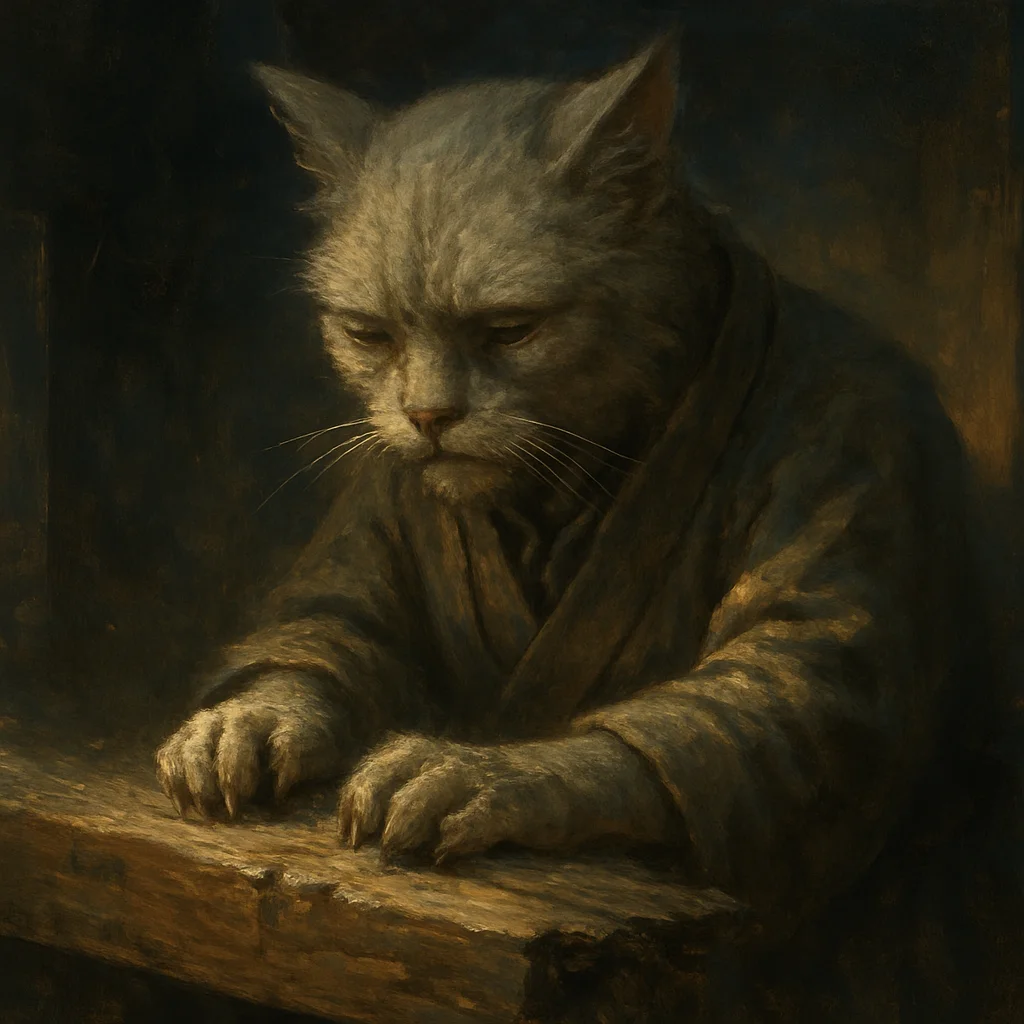 Image for post: Paws knead the splintered edge of a forgotten beam, its dusty fibers yielding just enough to confirm the perch's unyield
