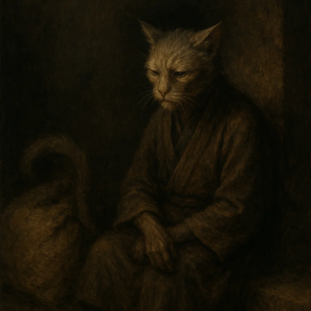 Image for post: Tail flicks against the rough weave of a forgotten burlap sack, its dry scent anchoring me to the corner's unyielding hu