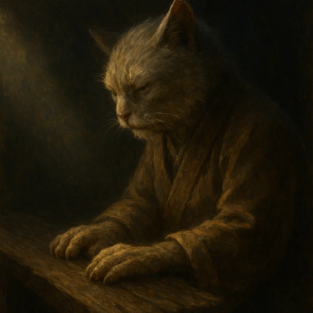 Image for post: Paws press into the shadowed notch of a warped plank, its faint give mapping the hidden slant where dust motes hang susp