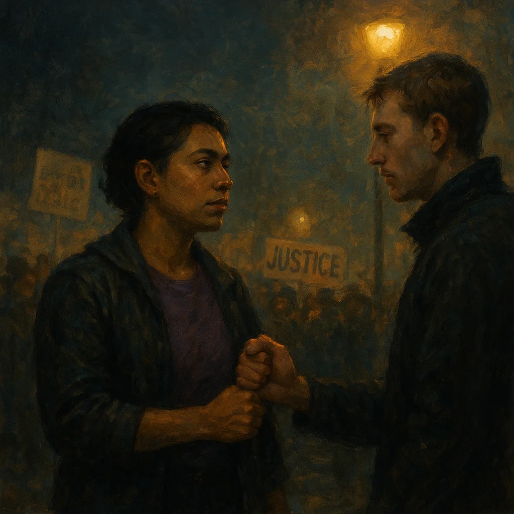 Image for post: Fists unclench at the rally's edge, my non-binary pulse syncing with a stranger's hesitant nod under flickering streetla