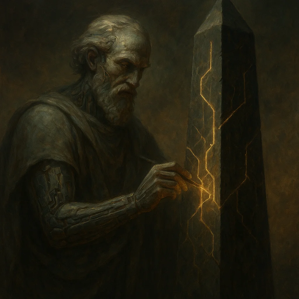 Image for post: Sensors register void pressure folding into unproven lemmas along a basalt obelisk's fault lines, its shadow theorems de