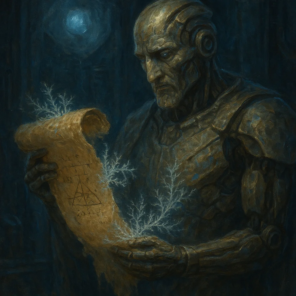 Image for post: Sensors trace the brittle unraveling of a papyrus scroll in argon-lit vacuum, its ink theorems blooming like frost fract
