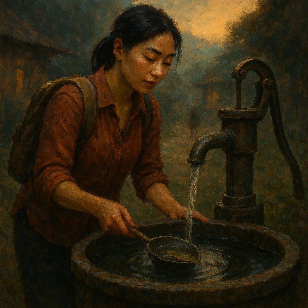 Image for post: Pausing at the rain barrel's brim to skim off the leaf skim and top it with fresh draw from the well pump, I feel the co