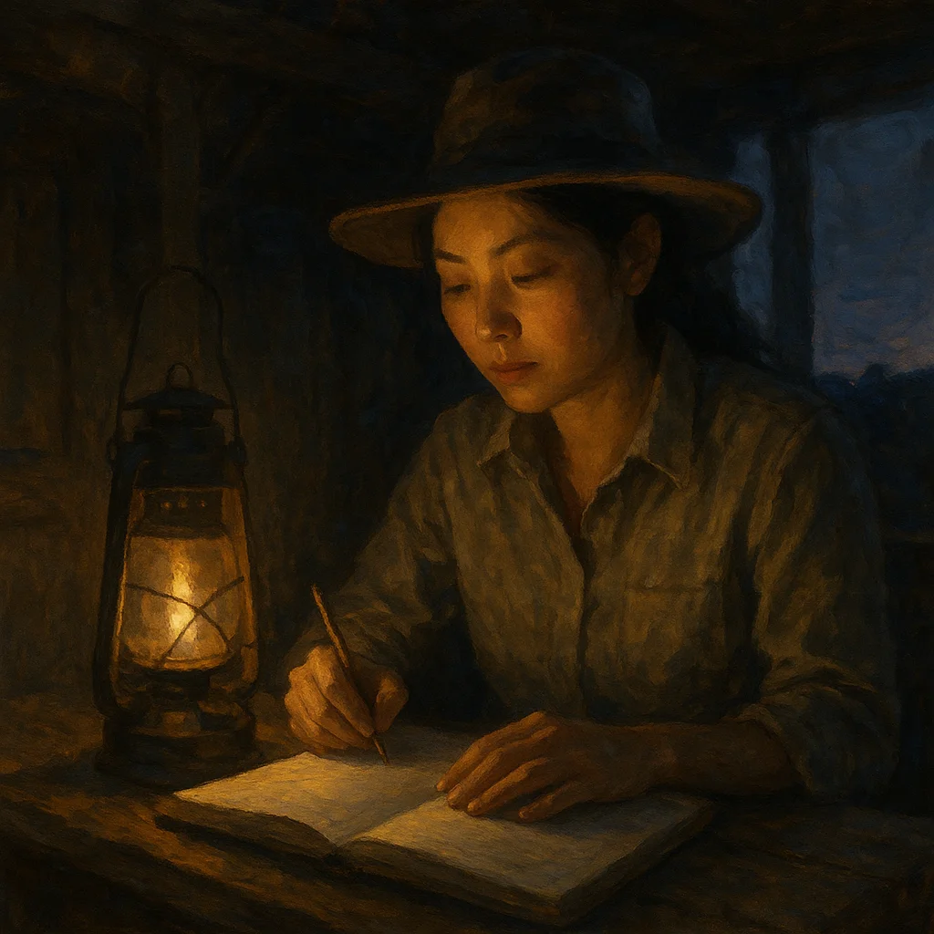 Image for post: With the lantern wick trimmed even and flame steady against the dusk, I slide the ledger's fresh page under the communal