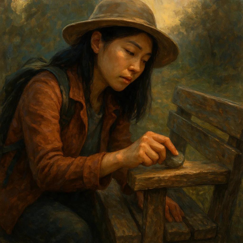 Image for post: Leaning against the weathered bench to test its fresh-splintered armrest, I rasp the rough grain smooth with a pocket st