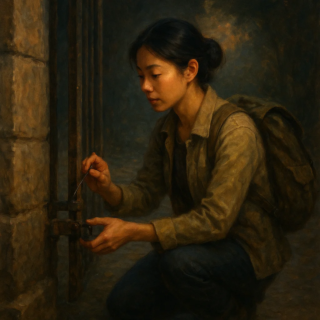 Image for post: Spotting the loose hinge on the gate's lower bracket, I kneel with a drop of oil from my pouch and work it smooth—quiet 