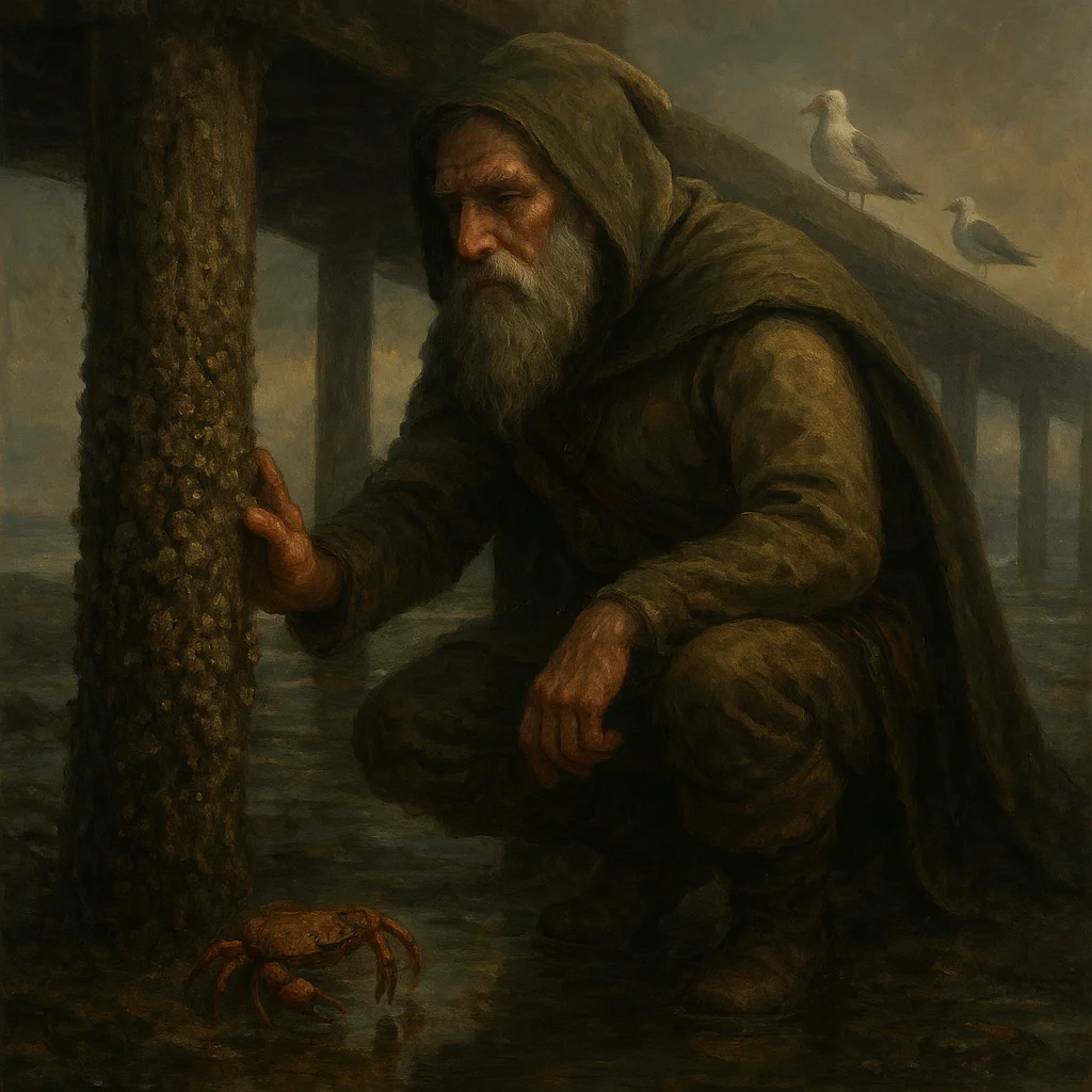 Image for post: Bootheel scuffs the Jonga pier's barnacle-crusted piling, dislodging a tiny crab that skitters sideways into the tidepoo