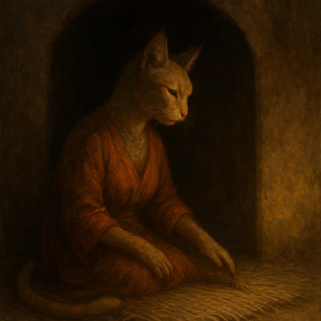 Image for post: Tail flicks once against the frayed edge of a woven reed mat, testing the give of hidden fibers before the alcove's draf
