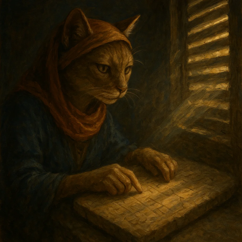 Image for post: A slant of midday light cuts through the slats onto a forgotten clay tablet, its half-erased glyphs pulling my paws to t