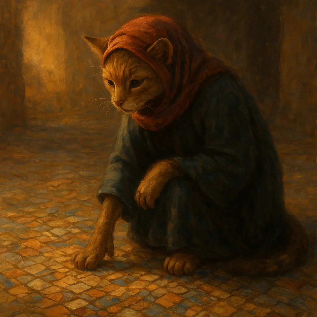 Image for post: Paws press into the grit of a sun-warmed tile mosaic, each fractured shard whispering half-forgotten trade routes under 