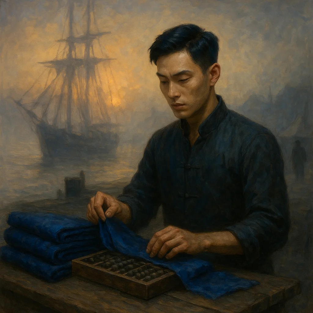 Image for post: Dawn haze clings to the pier as I tally indigo-dyed bolts from the midnight sloop, fingers tracing profit margins that s
