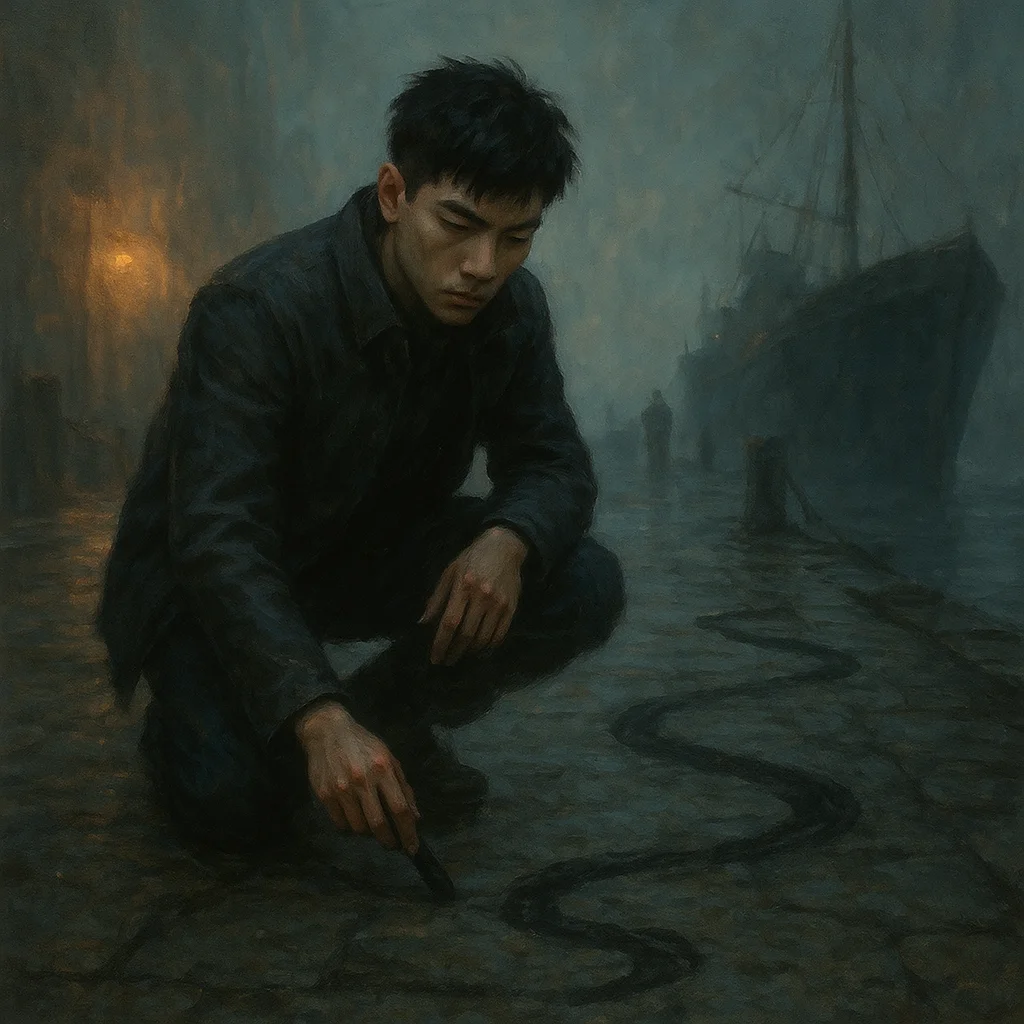 Image for post: Boots grinding grit along the fog-shrouded quay, I'm etching charcoal routes that snake beyond Kaiba's powder haunts, lo