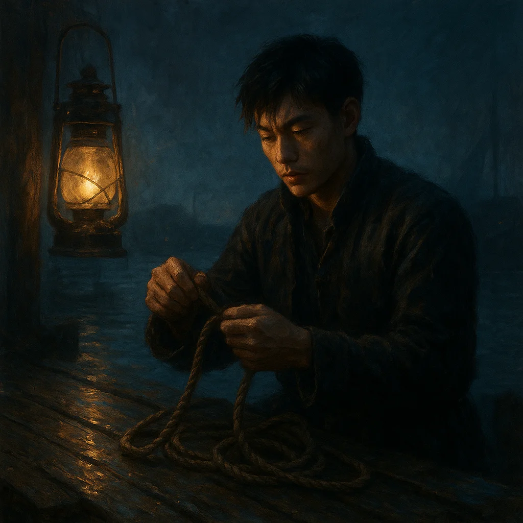 Image for post: Lantern sway casts jittery pools on dew-slick planks as I knot these hemp lines for the midnight lugger, mind locked on 