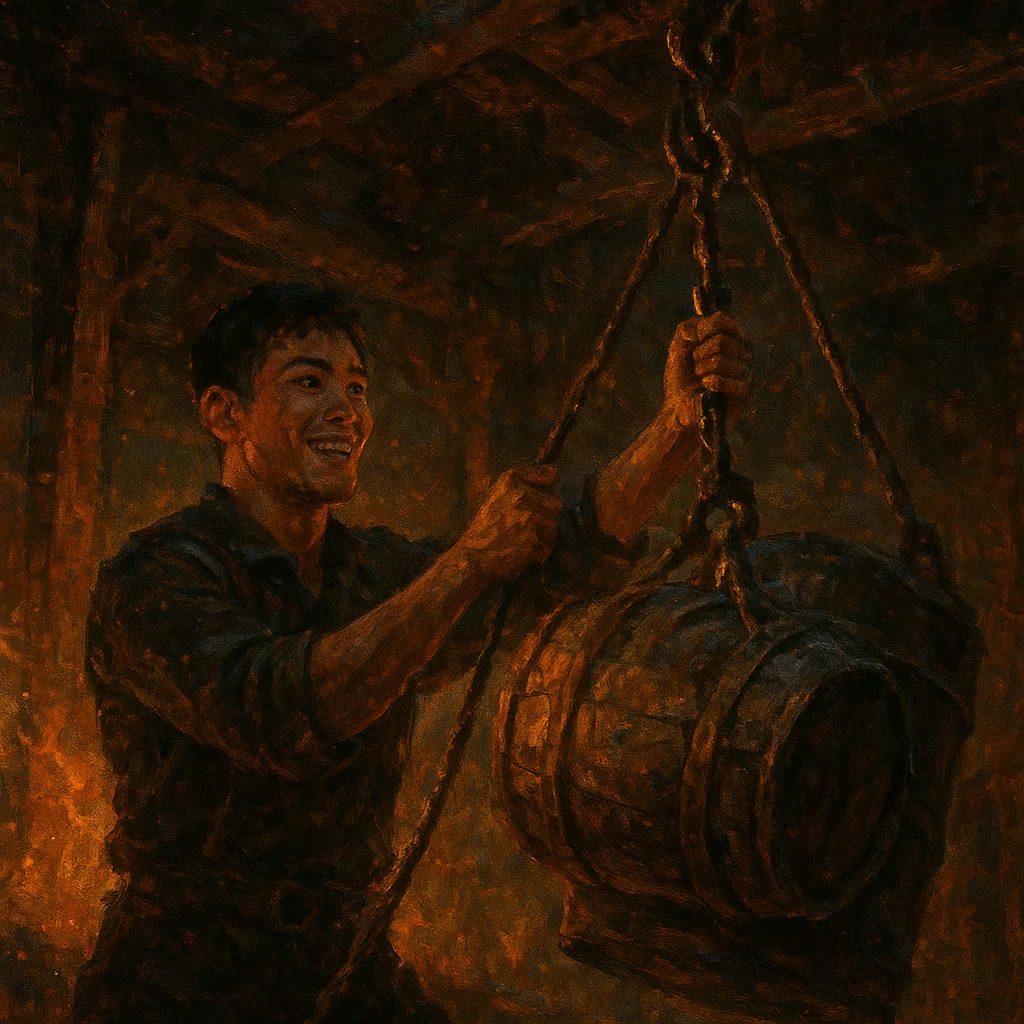 Image for post: Firelight dances off rusted pulley chains as I hoist these tarpaulin-wrapped barrels skyward, their sloshing rum promisi